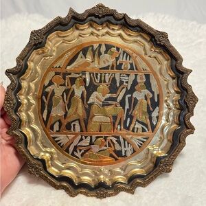 Decorative Vintage MCM Metal Brass Copper Wall Plate Egyptian Pharaoh Motif Rare